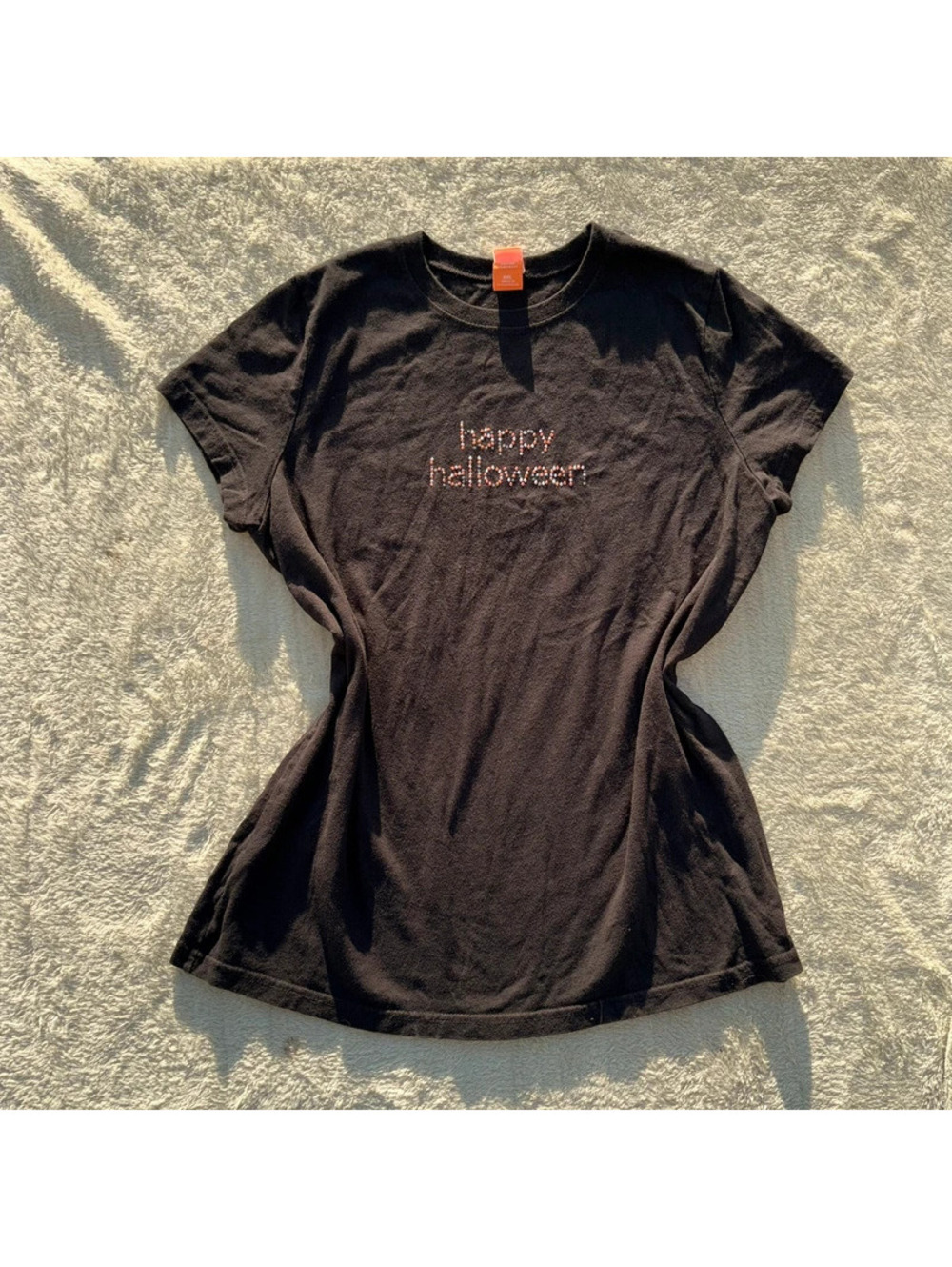 Black Y2K 2000’s Happy Halloween Orange and Multicolored Badazzled Shirt